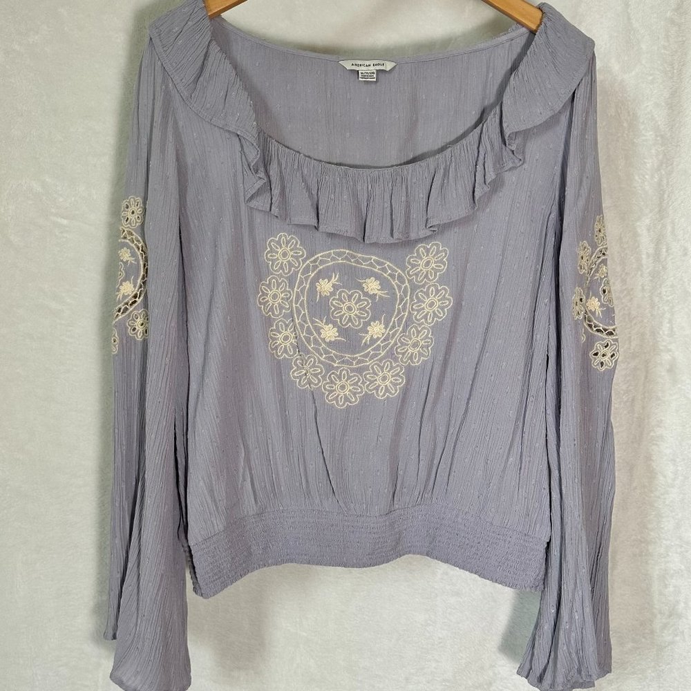 American Eagle Off-the-Shoulder Embroidered Long Sleeve Crop Top